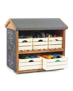 LOW OUTDOOR SHELVING AND 5 BOXES