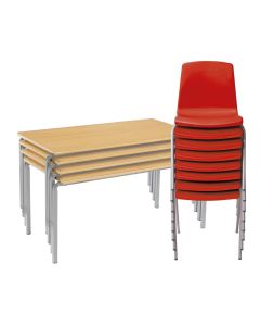 Classmates 4 Crushed Bent Beech Tables 11-14 Years - 8 Red Chairs