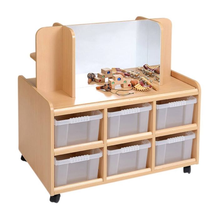 Solid Beech Double-sided Storage Unit with Display/Mirror Top with Clear Trays