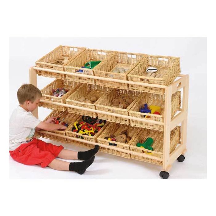 Solid Beech 12 Single Wicker Trays Tidy Trolley