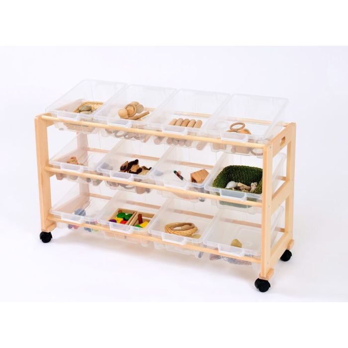 Solid Beech 12 Single Clear Trays Tidy Trolley Solid Beech 12 Single Clear Trays Tidy Trolley