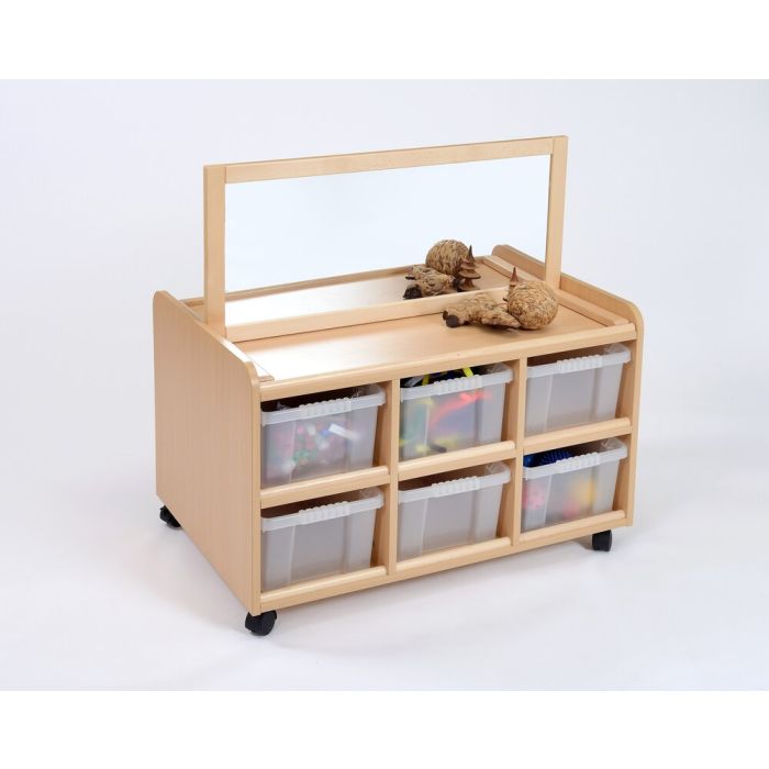 Solid Beech Double-sided Storage Unit with Mirror Top with Clear Trays