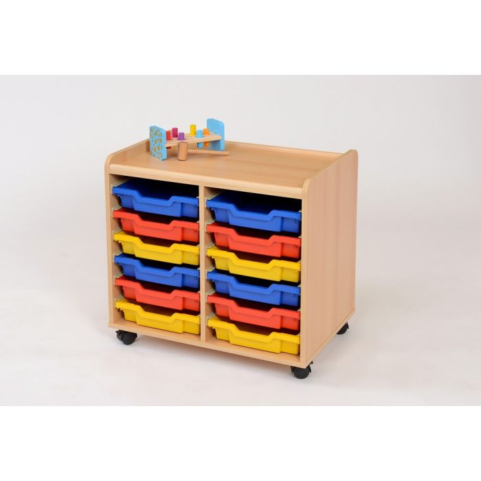 Solid Beech 12 Shallow Coloured Tray Storage Unit