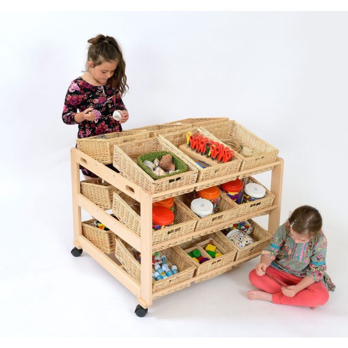 Solid Beech 18 Double Wicker Trays Tidy Trolley