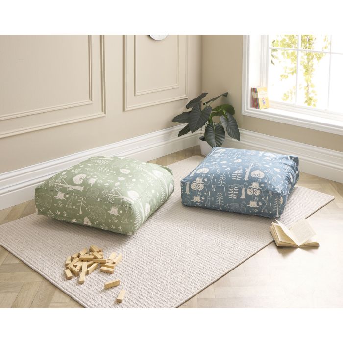 Sage Green and Blue Print Floor Pouffes - Pack of 2 Sage Green and Blue Print Floor Pouffes - Pack of 2