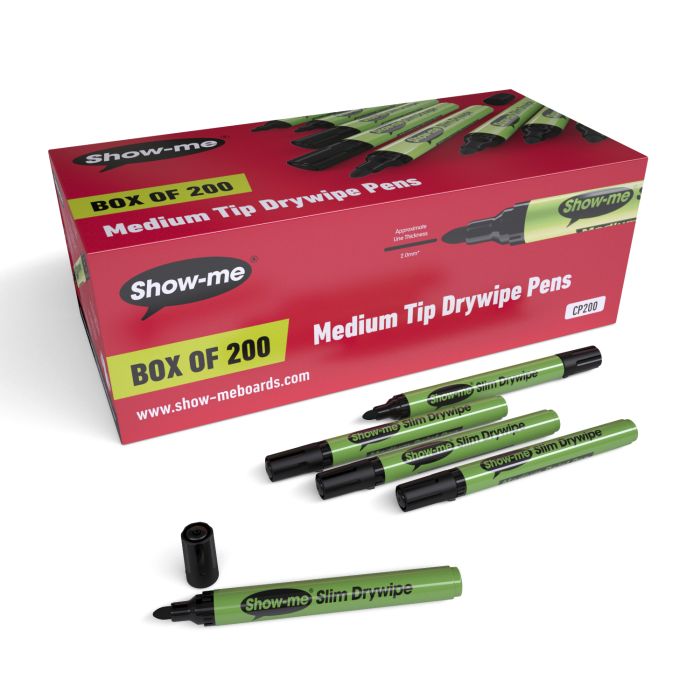 Show-me Medium Tip Drywipe Pen - Black - Pack of 200