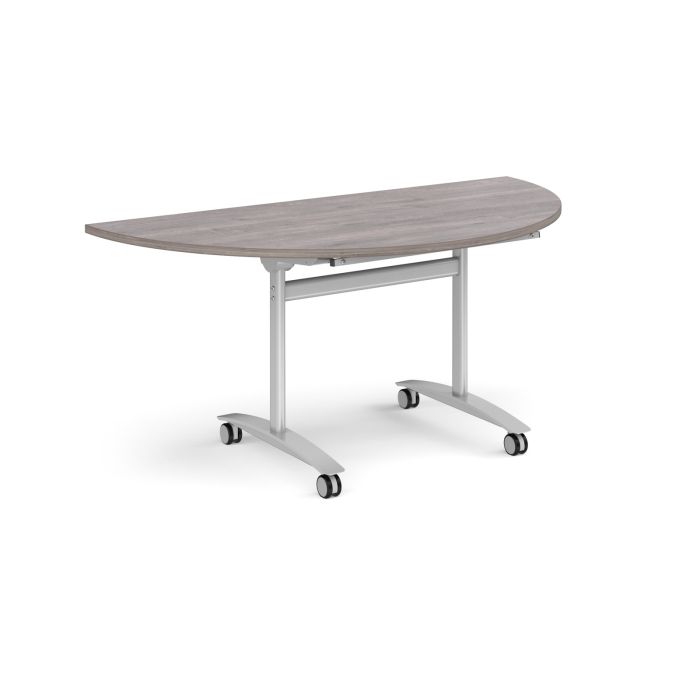 Deluxe Semi-Circular Flip Top Table Silver Frame - Grey Oak
