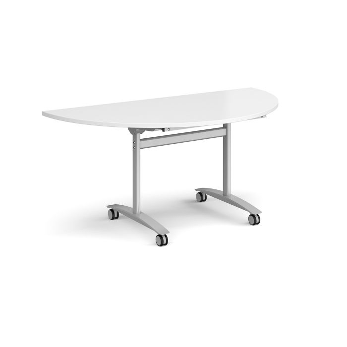 Deluxe Semi-Circular Flip Top Table Silver Frame - White