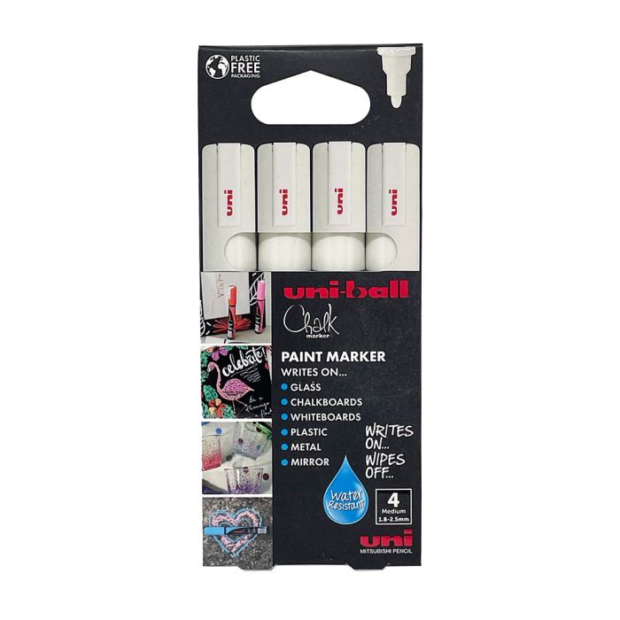 Uni ChalkGlass Marker Bullet Tip PWE-5M 4pc Pack White
 Uni ChalkGlass Marker Bullet Tip PWE-5M 4pc Pack White