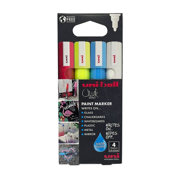 Uni ChalkGlass Marker Bullet Tip PWE-5M 4pc Pack Assorted
 Uni ChalkGlass Marker Bullet Tip PWE-5M 4pc Pack Assorted