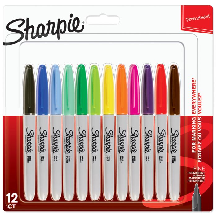 Sharpie Permanent Markers - Fine Tip - Assorted Colours - Pack of 12
