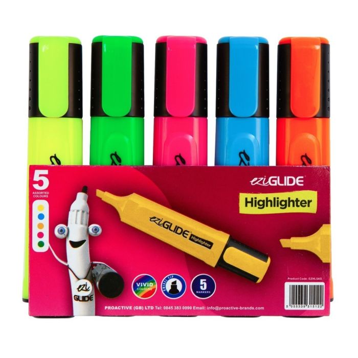 EziGlide Highlighter Markers - Assorted - Pack of 5 EziGlide Highlighter Markers - Assorted - Pack of 5
