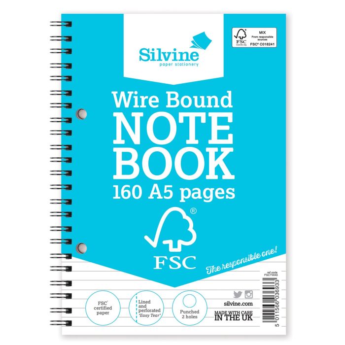 Silvine FSC Twin Wire Notebook - A5 - Pack of 5