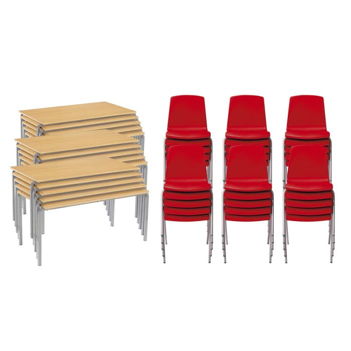 Classmates 15 Crushed Bent Beech Tables - 8-11 Years - 30 Red Chairs