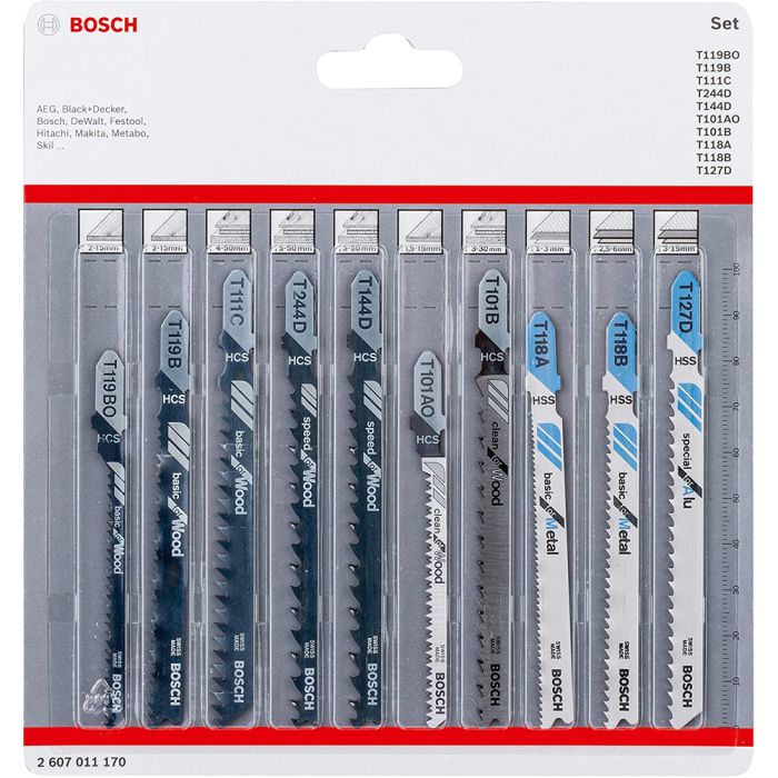 Bosch Mixed Pack Jigsaw Blades T-Shank. Pack of 10 Bosch Mixed Pack Jigsaw Blades T-Shank. Pack of 10