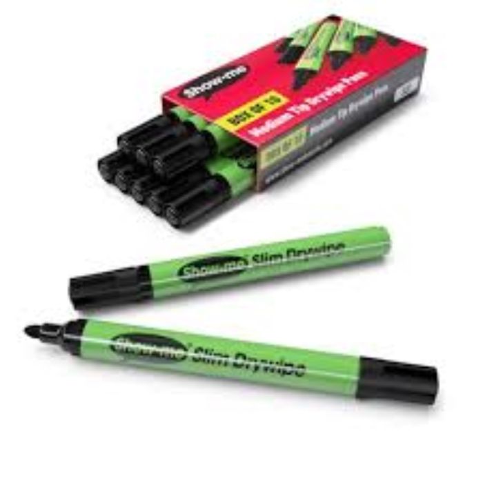 Show-me Drywipe Pen - Medium Tip Black- Pack of 10