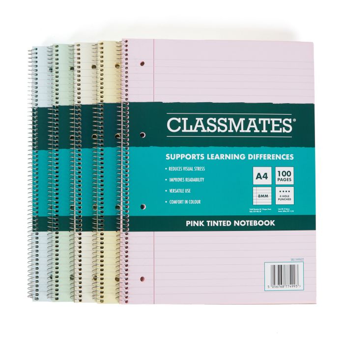 Classmates Tinted Notebook A4 8mm with Margin 4 Hole Punched-Pk 5-Assorted