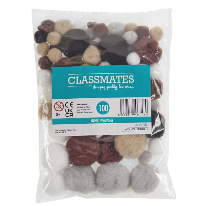 Animal Colour Pom Poms - Pack of 100