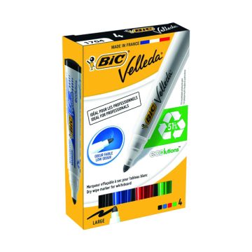 Bic Velleda Drywipe Whiteboard Markers Bullet Tip Assorted - Pack of 4