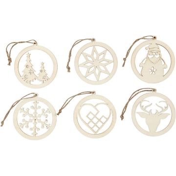 Wooden Christmas Decorations - Pack of 6