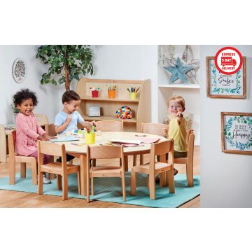 Millhouse Large Circular Table with 8 Beech Stacking Chairs