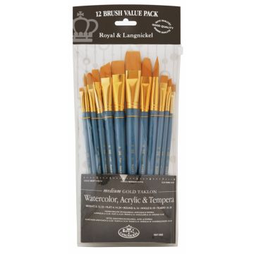 Royal & Langnickel Medium Soft Gold Taklon Brushes - Pk 12