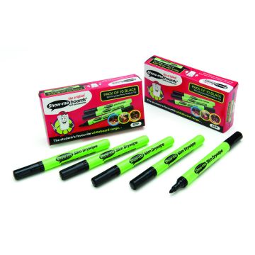 Show-me Medium Tip Kids's Drywipe Whiteboard Pens - Black - Pack of 10