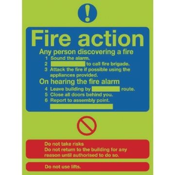 Fire Action Niteglo Sign 300 x 250mm PVC