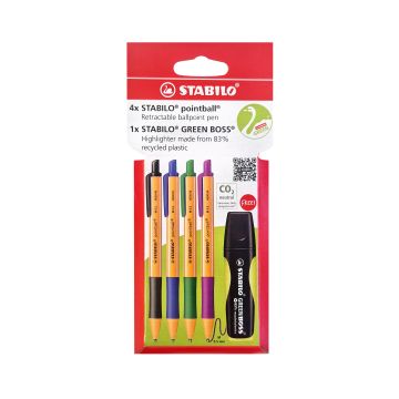 STABILO Pointball - Assorted - Pack of 4 + FREE Highlighter