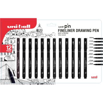 Uni-Ball Pin Fineliner Drawing Pens - Assorted - Pack of 12