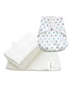 Size 2 Cover - Mint Star with 6pk White Muslin Prefolds Size 2