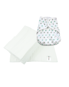 Size 2 Cover - Mint Star with 6pk White Muslin Prefolds Size 3