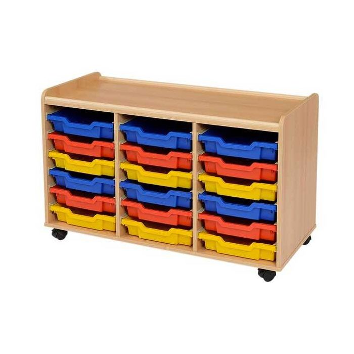 Solid Beech 18 Shallow Coloured Tray Storage Unit
