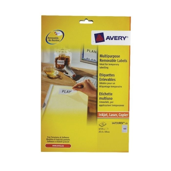 Avery Removable Laser Labels - 189 Per Sheet L7431REV - Pack of 25