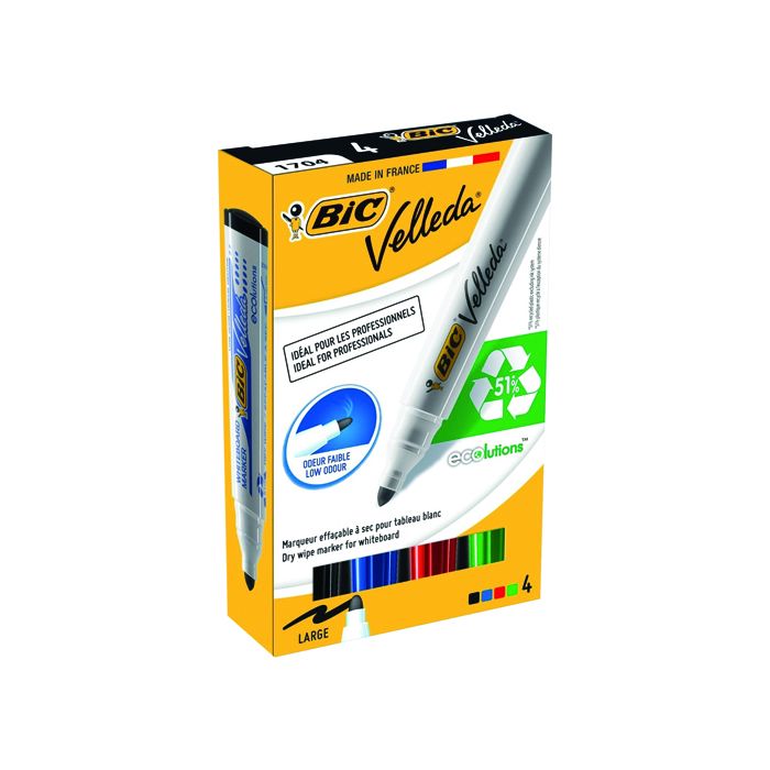 Bic Velleda Drywipe Whiteboard Markers Bullet Tip Assorted - Pack of 4