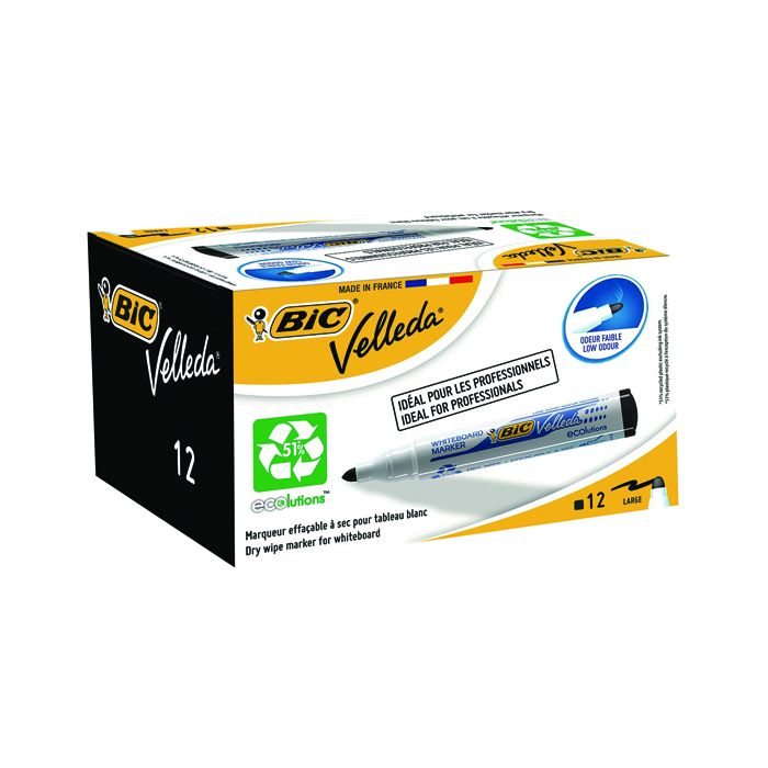 Bic Velleda Drywipe Whiteboard Markers Bullet Tip Black - Pack of 12