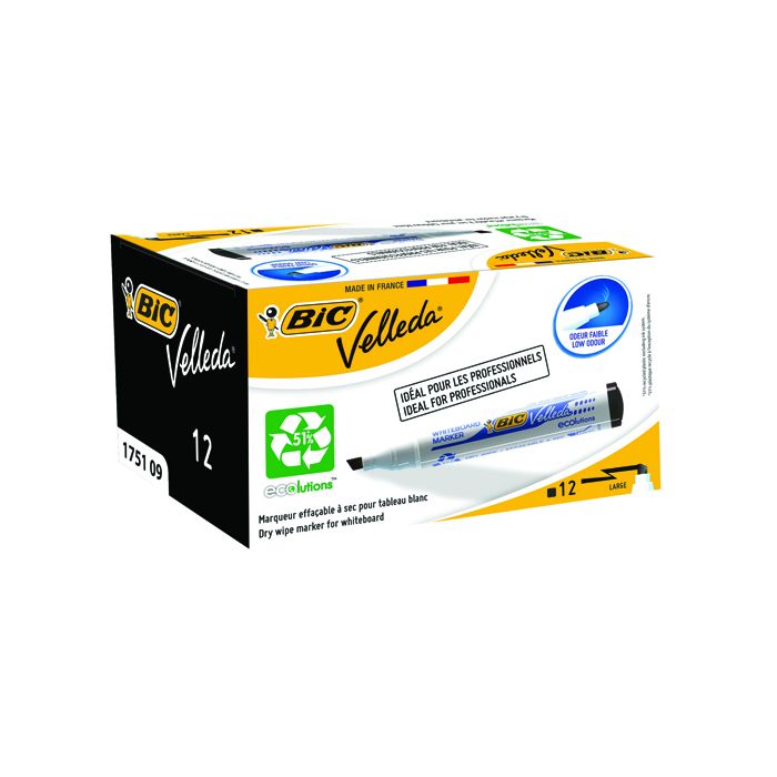 Bic Velleda Drywipe Whiteboard Markers Chisel Tip Black - Pack of 12
