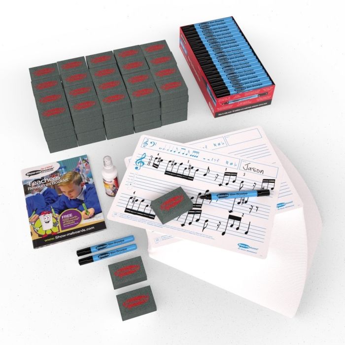 Show-me Music Ruled Drywipe Boards Pens and Erasers Bulk Box - Pack of 100