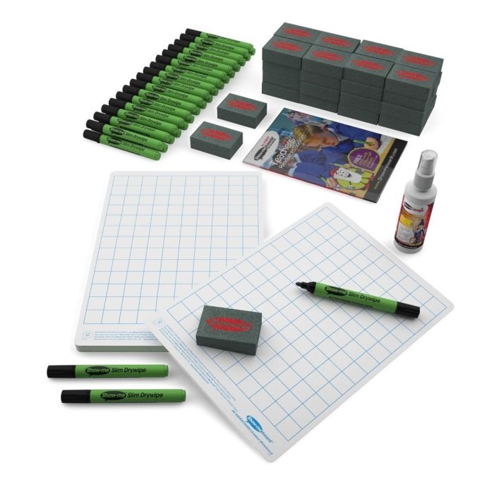 Show-me A4 Gridded SUPERTOUGH Drywipe Boards Pens and Erasers - Pack of 35