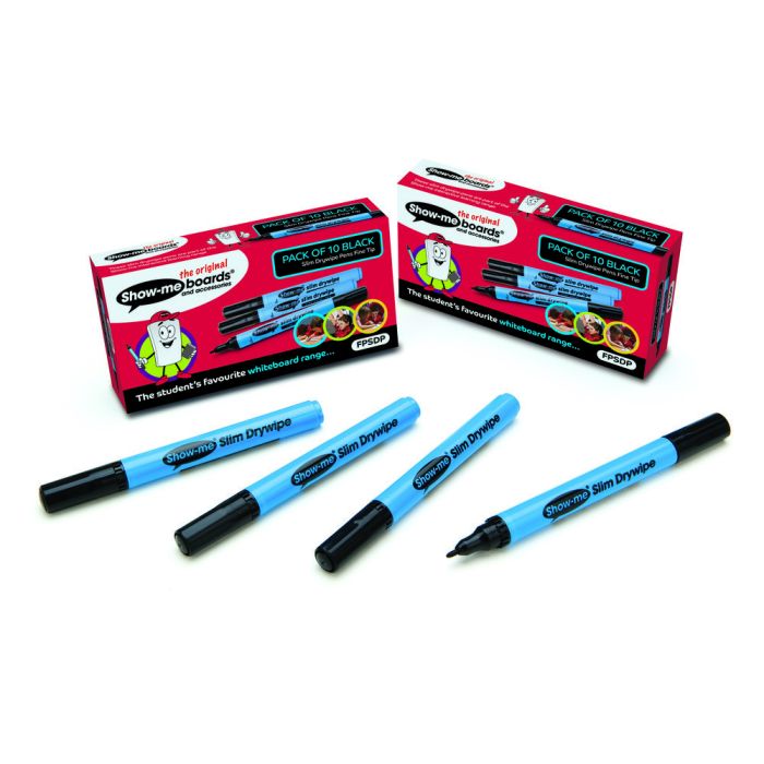 Show-me Fineline Kids's Drywipe Whiteboard Pens - Black - Pack of 10