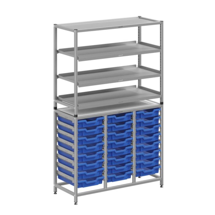 Treble Silver Frame 3 Shelves & 24 Shallow Trays - Blue
