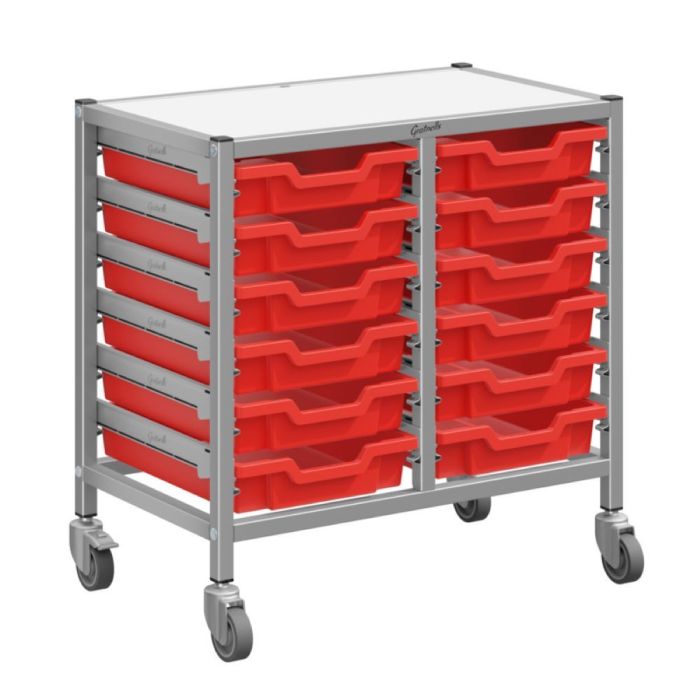 Double Silver Trolley & 12 Shallow Trays - Flame Red
