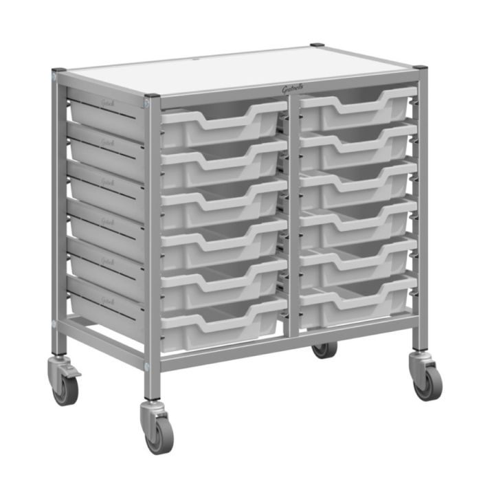 Double Silver Trolley & 12 Shallow Trays - Light Grey