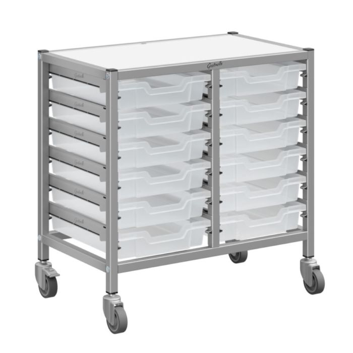 Double Silver Trolley & 12 Shallow Trays - Clear