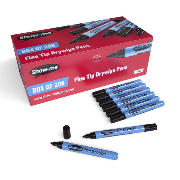 Show-me Slim Fine Tip Drywipe Pen - Black - Pack of 200