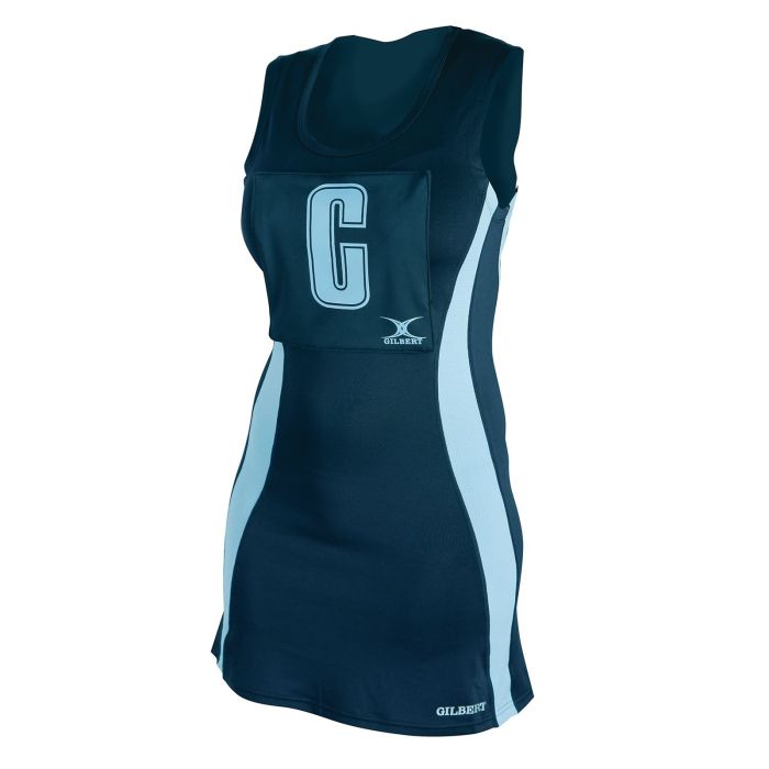Gilbert Eclipse Netball Dress with Hook Loop Navy Sky Blue Size Dryad Education
