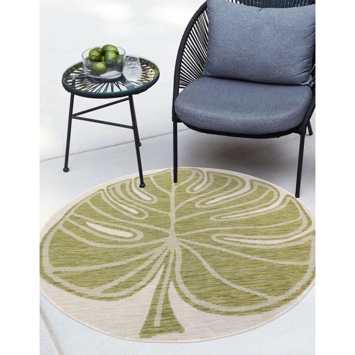 Leaf Print Indoor/Outdoor Flatweave Circular Rug - Small