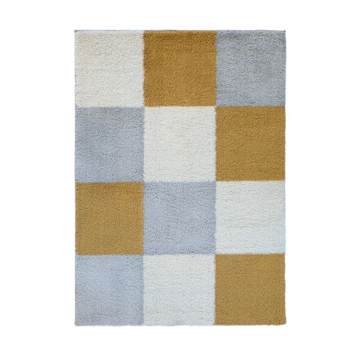 Ocre/Grey Patchwork Snug Shaggy Rug - Medium