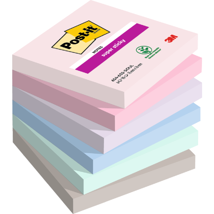 Post-it Super Sticky Notes - Soulful Colour Collection - 76 x 76mm - Pack of 6