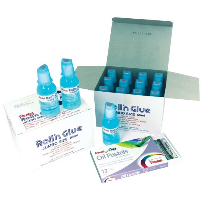 Pentel Roll'N'Glue 55ml Classpack With Free Pastels - Pack of 24